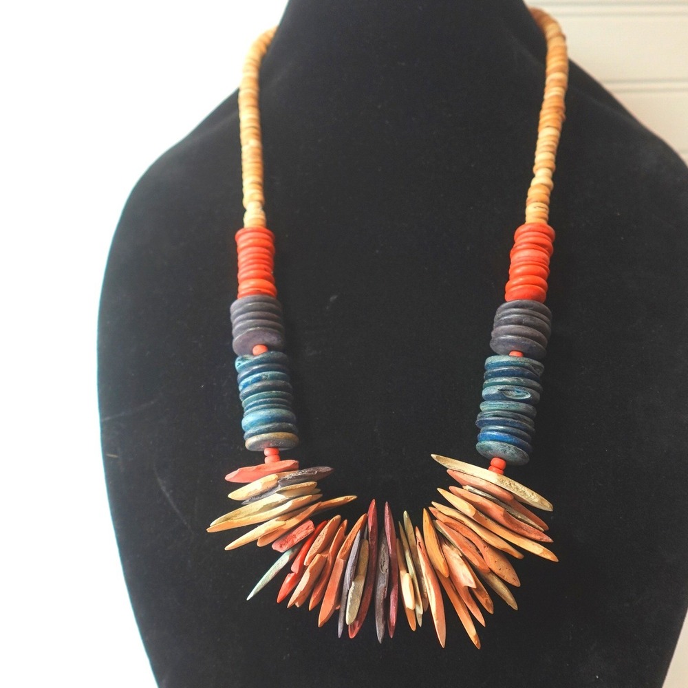 Vintage‎ Wooden Boho Necklace Chunky Multicolor Avant Garde Statement Jewelry